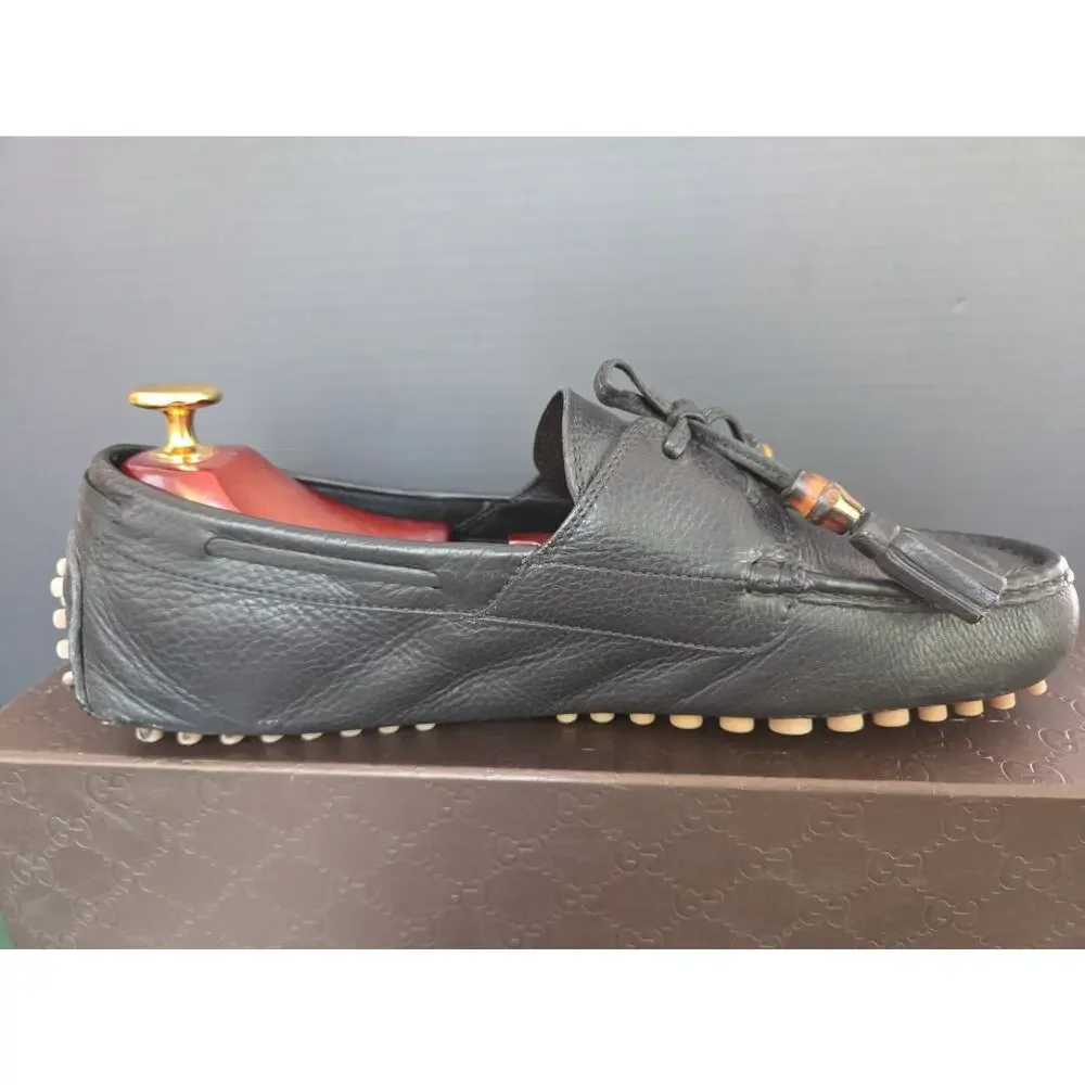GUCCI Loafers Leather Shoes Laces Tassels Bamboo Navy Men's Size UK 8 Us8.5